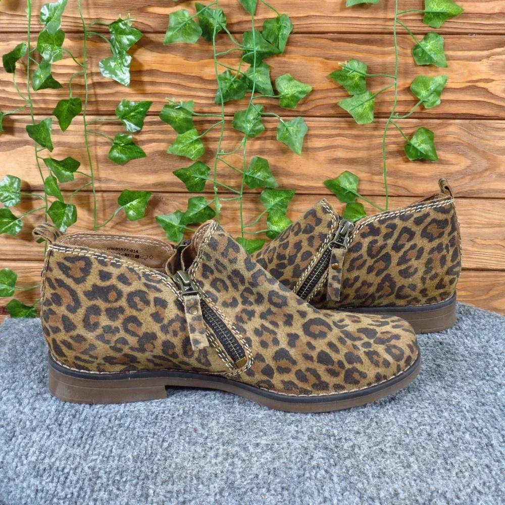 Hush Puppies Mazin Cayto Women Ankle Boot 6.5 Daily Wear Leopard Suede Brown